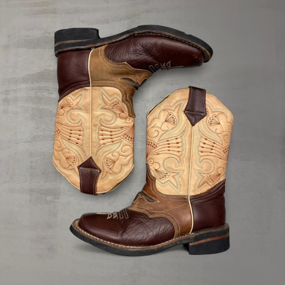 Kids Western Cowboy Boots Square Toe Brown‎ Tan Crazy Pull On Shoes Size 22.5